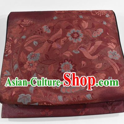 Japanese Classical Flowers Bird Pattern Kimono Belt Handmade Nishijin Wine Red Brocade Waistband Traditional Yukata Robe Girdle Accessories