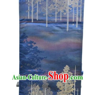 Japanese Traditional Yukata Robe Girdle Accessories Classical Trees Pattern Kimono Belt Handmade Nishijin Blue Brocade Waistband