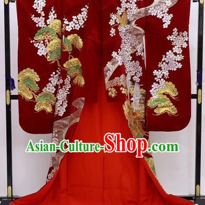 Japanese Wedding Bride Wine Red Yukata Dress Traditional Geisha Performance Clothing Classical Sakura Pine Pattern Uchikake Kimono Costume