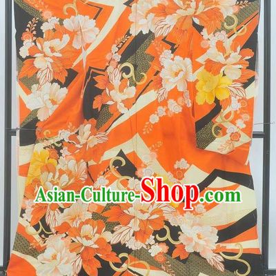 Japanese Classical Peony Pattern Furisode Kimono Costume Young Woman Red Yukata Dress Traditional Wedding Bride Clothing