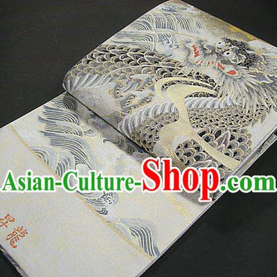 Japanese Handmade Kimono Nishijin Waistband Traditional Yukata Robe Girdle Accessories Classical Dragon Pattern White Brocade Belt