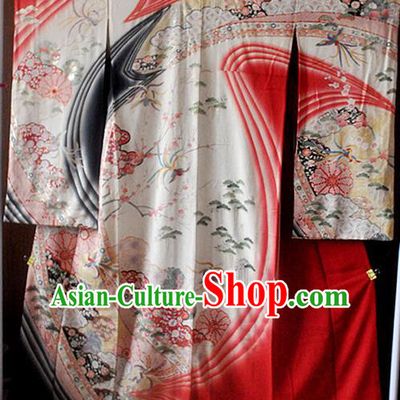 Japanese Classical Flowers Pattern Furisode Kimono Costume Young Woman Red Silk Yukata Dress Traditional Wedding Bride Clothing