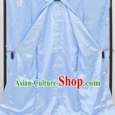 Japanese Court Empress Light Blue Silk Yukata Dress Traditional Wedding Bride Lace Clothing Classical Cranes Pattern Furisode Kimono Costume