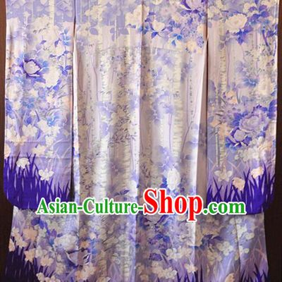 Japanese Classical Orchids Peony Pattern Furisode Kimono Costume Court Empress Purple Silk Yukata Dress Traditional Wedding Bride Clothing