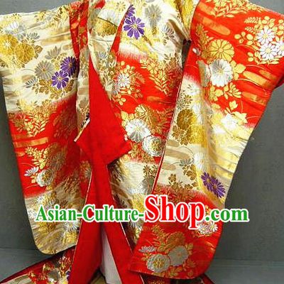 Japanese Court Empress Red Silk Yukata Dress Traditional Wedding Bride Clothing Classical Embroidered Chrysanthemum Pattern Uchikake Kimono Costume