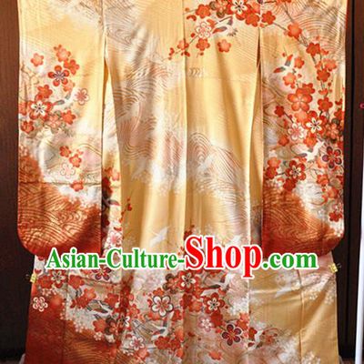 Japanese Classical Embroidered Plum Pattern Furisode Kimono Costume Court Empress Golden Silk Yukata Dress Traditional Wedding Bride Clothing