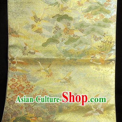 Japanese Traditional Yukata Robe Girdle Accessories Classical Cranes Plum Pattern Golden Brocade Belt Handmade Kimono Nishijin Waistband