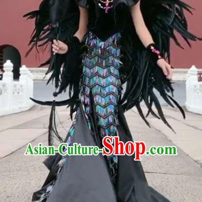 Custom Girl Catwalks Garment Costumes Stage Show Black Feather Fishtail Dress Girl Performance Fashion Modern Dance Formal Clothing