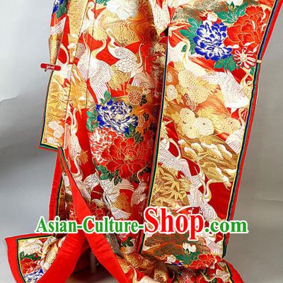 Japanese Classical Peony Cranes Pattern Uchikake Kimono Costume Wedding Bride Red Silk Yukata Dress Traditional Court Empress Embroidered Clothing