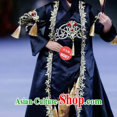 Chinese Baby Compere Garment Costume Children Model Attire Stage Performance Fashion Clothing Girl Catwalk Show Black Dress