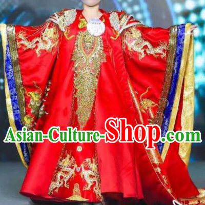Chinese Girl Catwalk Show Red Trailing Dress Baby Empress Garment Costume Children Model Attire Stage Performance Fashion Clothing