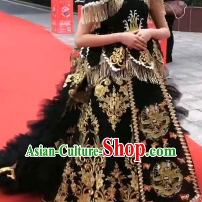 Chinese Stage Performance Fashion Clothing Girl Catwalk Show Black Trailing Dress Baby Compere Garment Costume Children Model Attire