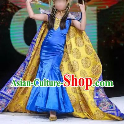 Chinese Stage Performance Fashion Clothing Girl Catwalk Show Royalblue Qipao Dress Piano Recital Garment Costume Children Model Cheongsam Attire