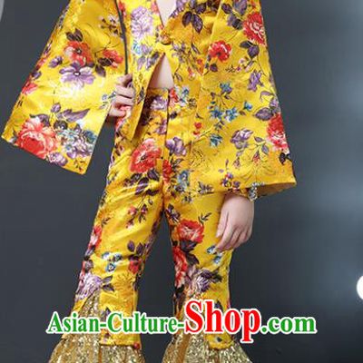 Top Compere Garment Costumes Children Performance Clothing Catwalks Baby Fashion Girls Stage Show Golden Suits