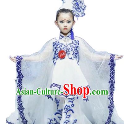 Chinese Zither Performance Garment Costume Children Compere White Full Dress Stage Show Fashion Girl Catwalk Clothing