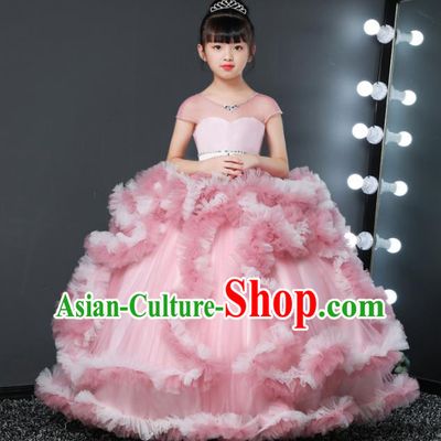 Custom Stage Show Pink Full Dress Children Princess Fashion Modern Dance Clothing Girl Catwalks Garment Costume