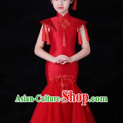 Chinese Stage Show Fashion Girl Catwalk Clothing Classical Dance Garment Costume Children Compere Red Qipao Dress
