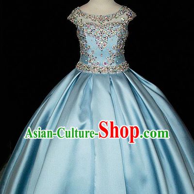 Custom Piano Recital Clothing Girl Catwalks Garment Costume Stage Show Blue Satin Full Dress Fairy Princess Fashion