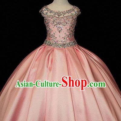 Custom Fairy Princess Fashion Piano Recital Clothing Girl Catwalks Garment Costume Stage Show Pink Satin Full Dress