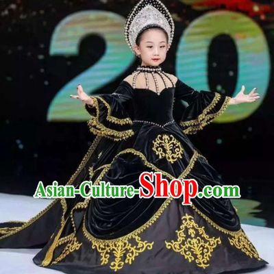 Custom Christmas Performance Black Velvet Full Dress Victorian Princess Fashion Piano Recital Clothing Children Catwalks Garment Costume
