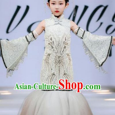 Chinese Classical Dance Garment Costume Children Compere Grey Lace Fishtail Dress Stage Show Fashion Girl Catwalk Clothing