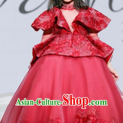Custom Children Catwalks Garment Costume European Princess Wine Red Full Dress Girl Piano Recital Fashion Modern Dance Clothing