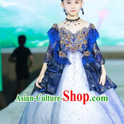 Custom Modern Dance Clothing Children Catwalks Garment Costume Baroque Princess Blue Full Dress Girl Piano Recital Fashion