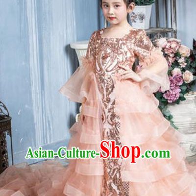 Custom Children Catwalks Garment Costume Baroque Princess Pink Trailing Full Dress Girl Piano Recital Fashion Modern Dance Clothing