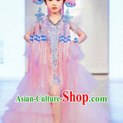 Custom Children Catwalks Garment Costume Piano Recital Pink Full Dress Girl Princess Fashion Modern Dance Clothing