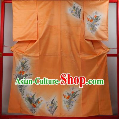 Japanese Traditional Ceremony Garment Costume Young Woman Orange Silk Yukata Dress Classical Flowers Pattern Tsukesage Kimono Clothing