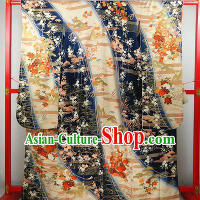 Japanese Summer Festival Garment Costume Classical Flowers Fan Pattern Yukata Dress Traditional Furisode Kimono Clothing