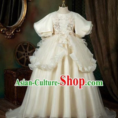 Custom European Girl Princess Fashion Modern Dance Clothing Children Catwalks Garment Costume Piano Recital Beige Trailing Full Dress