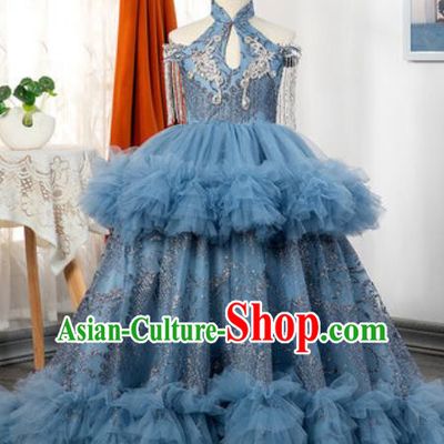Custom Piano Recital Blue Trailing Full Dress European Girl Princess Fashion Modern Dance Clothing Children Catwalks Garment Costume