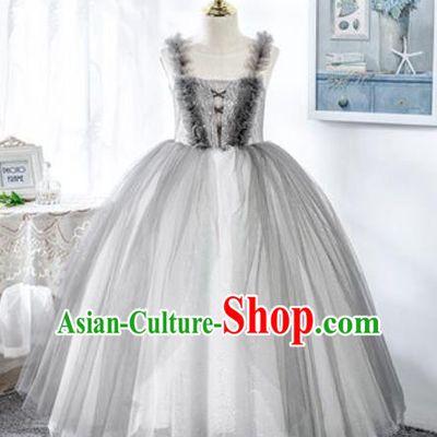 Custom Modern Dance Clothing Children Catwalks Garment Costume European Princess Grey Full Dress Girl Piano Recital Fashion