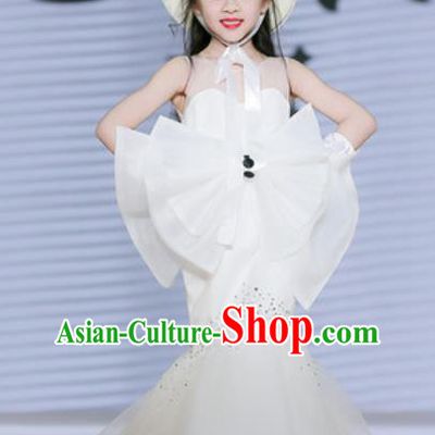 Custom Girl Piano Recital Fashion Modern Dance Clothing Children Catwalks Garment Costume European Princess White Fishtail Full Dress