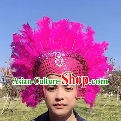 Professional Halloween Cosplay Wild Man Rosy Feather Hat Samba Dance Hair Accessories Apache Tribal Chief Headwear Stage Show Headdress