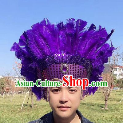 Professional Tribal Chief Headwear Apache Wild Man Headdress Halloween Cosplay Purple Feather Hat Samba Dance Hair Accessories