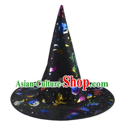 Handmade Halloween Performance Magic Headdress Fancy Party Black Hat Cosplay Witch Headwear Stage Show Peaked Cap