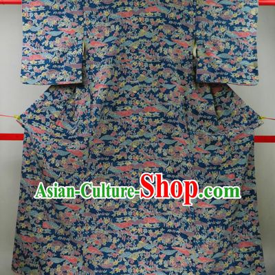 Japanese Traditional Garment Costume Court Woman Blue Yukata Dress Classical Plum Pine Bamboo Pattern Edo Komon Kimono Clothing
