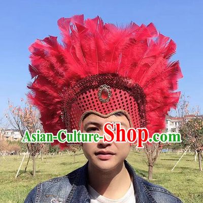 Professional Stage Show Headdress Halloween Cosplay Wild Man Red Feather Hat Samba Dance Hair Accessories Apache Tribal Chief Headwear
