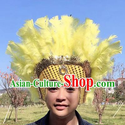 Professional Samba Dance Hair Accessories Apache Tribal Chief Headwear Stage Show Headdress Halloween Cosplay Wild Man Yellow Feather Hat