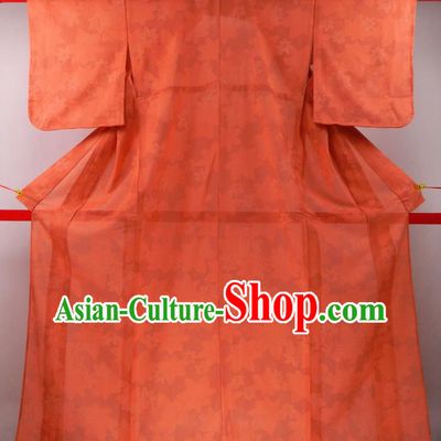 Japanese Traditional Festival Garment Costume Young Woman Orange Silk Yukata Dress Classical Maple Leaf Pattern Iromuji Kimono Clothing