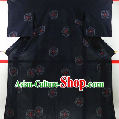 Japanese Classical Rhombus Pattern Edo Komon Kimono Clothing Traditional Festival Garment Costume Young Woman Navy Silk Yukata Dress