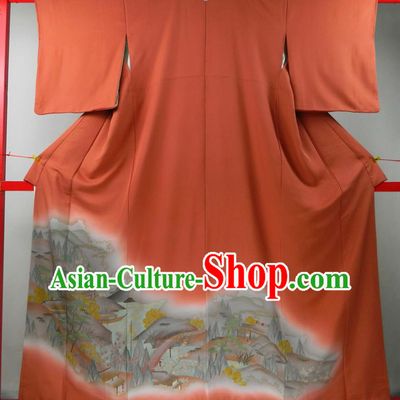 Japanese Traditional Festival Garment Costume Young Woman Printing Red Yukata Dress Classical Landscape Pattern Tsukesage Kimono Clothing