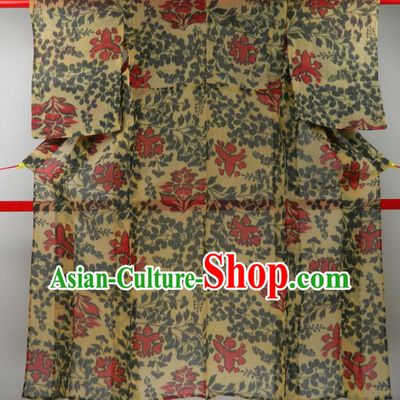 Japanese Classical Flowers Pattern Edo Komon Kimono Clothing Traditional Festival Garment Costume Young Woman Yellow Yukata Dress