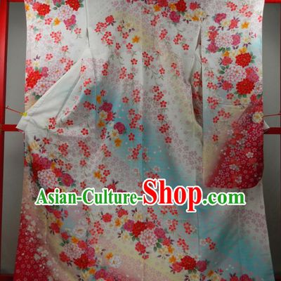 Japanese Classical Plum Peony Pattern Furisode Kimono Clothing Traditional Ceremony Garment Costume Wedding Bride Silk Yukata Dress