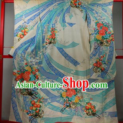 Japanese Classical Peony Chrysanthemum Pattern Furisode Kimono Clothing Traditional Festival Garment Costume Court Woman Yukata Dress
