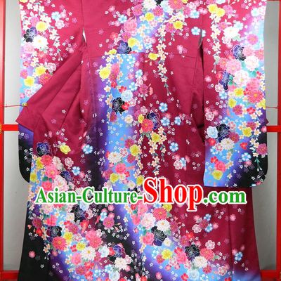 Japanese Traditional Wedding Furisode Kimono Clothing Court Empress Garment Costume Classical Peony Pattern Wine Red Yukata Dress