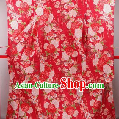 Japanese Court Woman Garment Costume Classical Peony Pattern Red Yukata Dress Traditional Wedding Furisode Kimono Clothing
