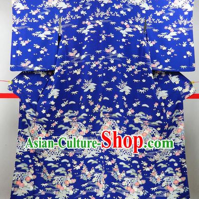 Japanese Traditional Wedding Furisode Kimono Clothing Court Woman Garment Costume Classical Chrysanthemum Bamboo Leaf Pattern Royalblue Yukata Dress